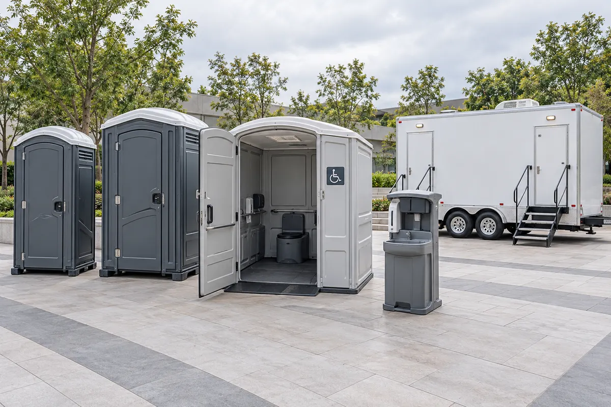 Illustrative plaza lineup of grey portable toilets, a wide-entry white cabin, handwashing station and restroom trailer