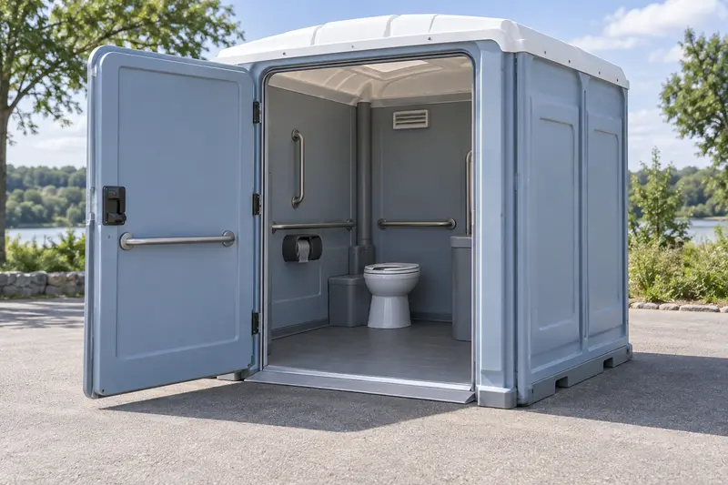 Wide-entry portable restroom with ground-level access