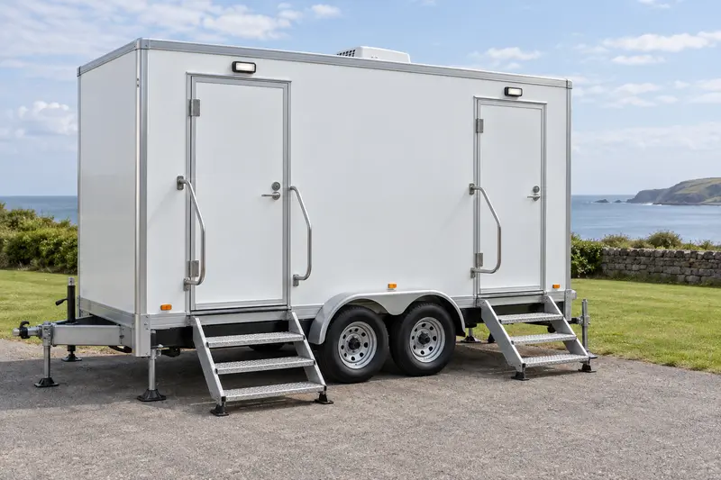 White restroom trailer with exterior entry